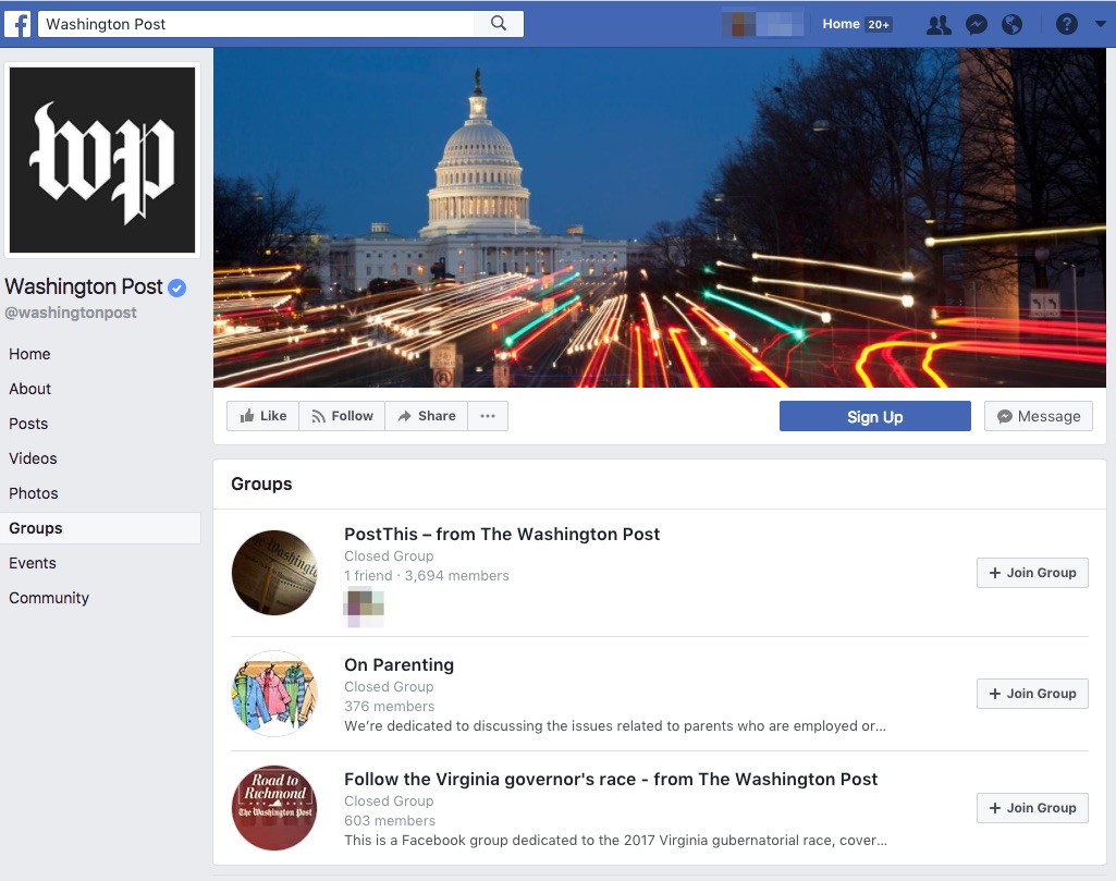 Using Facebook Groups For Better Engagement Reach Silverback - a screenshot of the washington post s facebook page with their linked groups including postthis